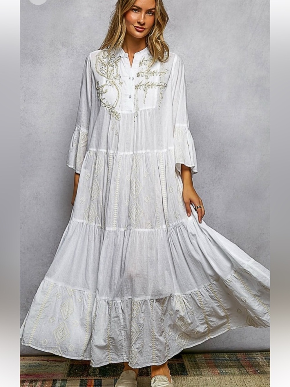 POL White Embroidered Tiered Maxi Dress